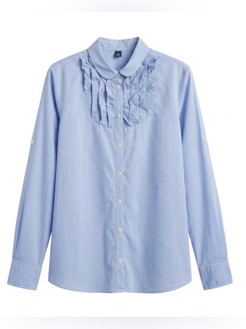GAP Light Blue Cotton Ruffled
Tuxedo Peter Pan Top Roll Tab Sleeve Size 16